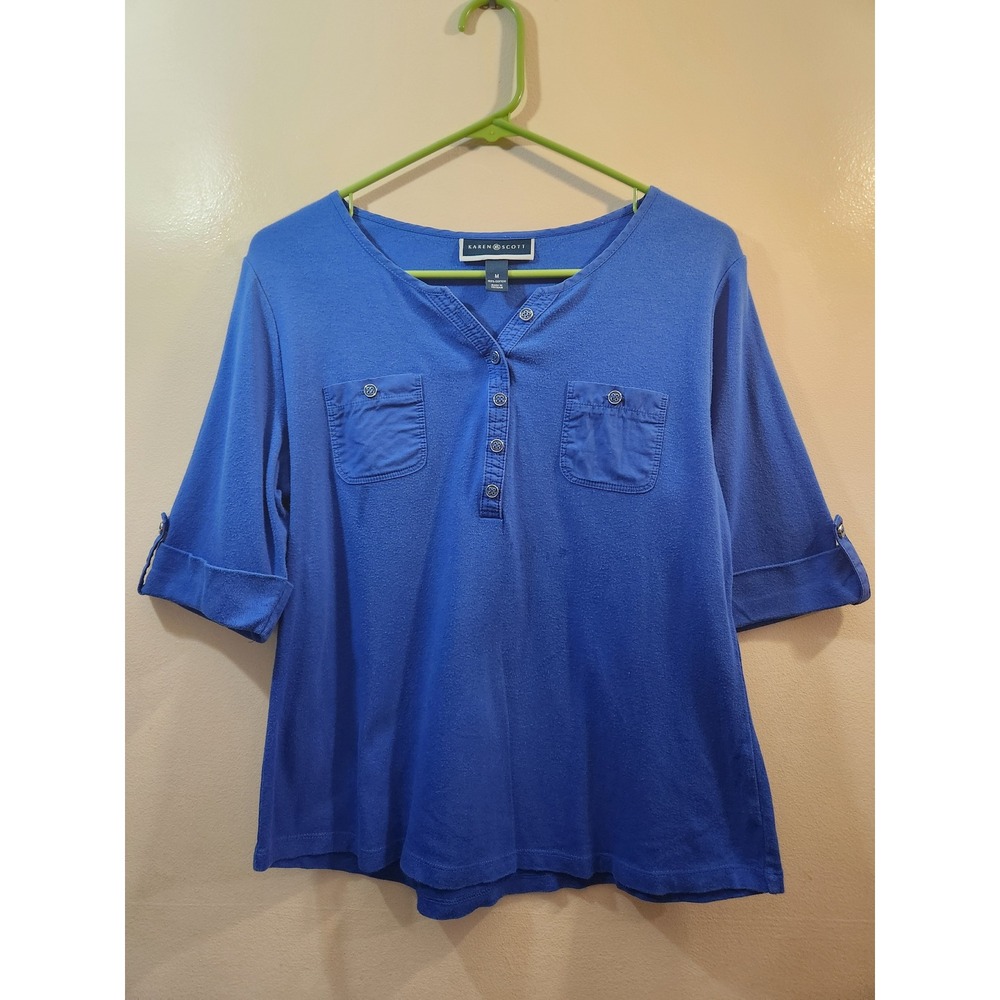 Karen Scott Womens Blue Cotton Henley Top 3/4 Roll Tab Sleeve Pockets Size M